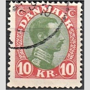 FRIMRKER DANMARK | 1927-28 - AFA 177 - Chr. X 10 Kr. rd/grn - Stemplet