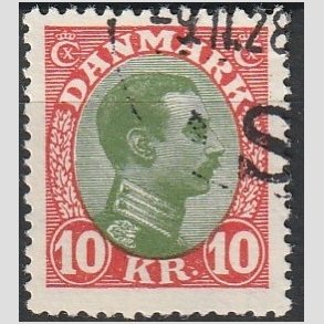FRIMRKER DANMARK | 1927-28 - AFA 177 - Chr. X 10 Kr. rd/grn - Stemplet
