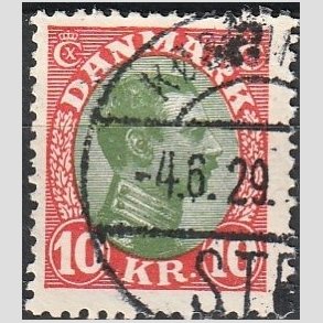 FRIMRKER DANMARK | 1927-28 - AFA 177 - Chr. X 10 Kr. rd/grn - Stemplet
