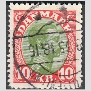 FRIMRKER DANMARK | 1927-28 - AFA 177 - Chr. X 10 Kr. rd/grn - Stemplet