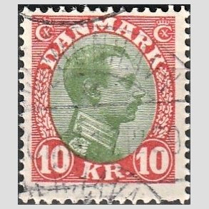 FRIMRKER DANMARK | 1927-28 - AFA 177 - Chr. X 10 Kr. rd/grn - Stemplet