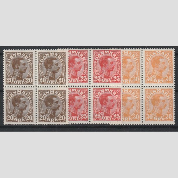 FRIMRKER DANMARK | 1921-22 - AFA 125,126,127 - Chr. X 20, 25 og 30 re i Fire-blokke - Postfrisk