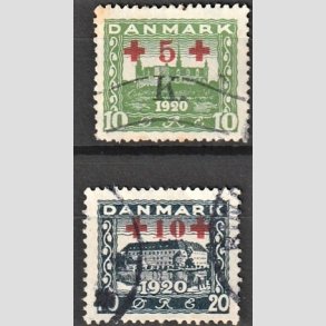 FRIMRKER DANMARK | 1921 - AFA 120,121 - +5 +10 re grn og +10 +20 re bl Rde Kors provisorier - Stemplet