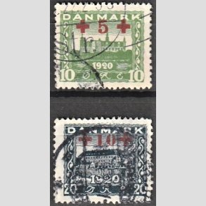 FRIMRKER DANMARK | 1921 - AFA 120,121 - +5 +10 re grn og +10 +20 re bl Rde Kors provisorier - Stemplet