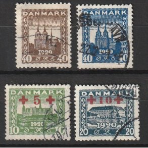 FRIM�RKER DANMARK | 1920-21 - AFA 114,116,120,121 - Genforening 40 �re brun, 40 �re bl� og R�de Kors provisorier - Stemplet