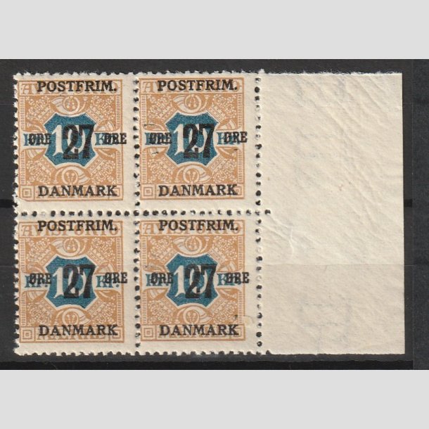 FRIMRKER DANMARK | 1918 - AFA 97 - 27 re/10 Kr. brun/bl provisorier i Fire-blok - Postfrisk