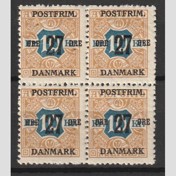 FRIMRKER DANMARK | 1918 - AFA 97 - 27 re/10 Kr. brun/bl provisorier i Fire-blok - Postfrisk