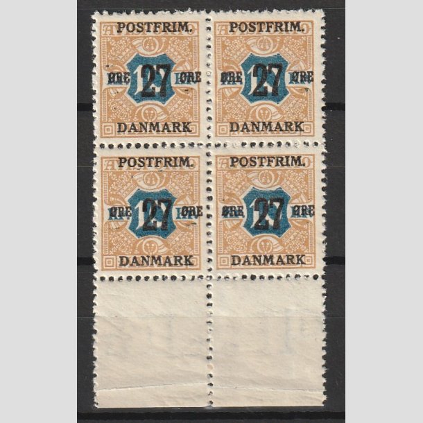 FRIMRKER DANMARK | 1918 - AFA 97 - 27 re/10 Kr. brun/bl provisorier i Fire-blok - Postfrisk
