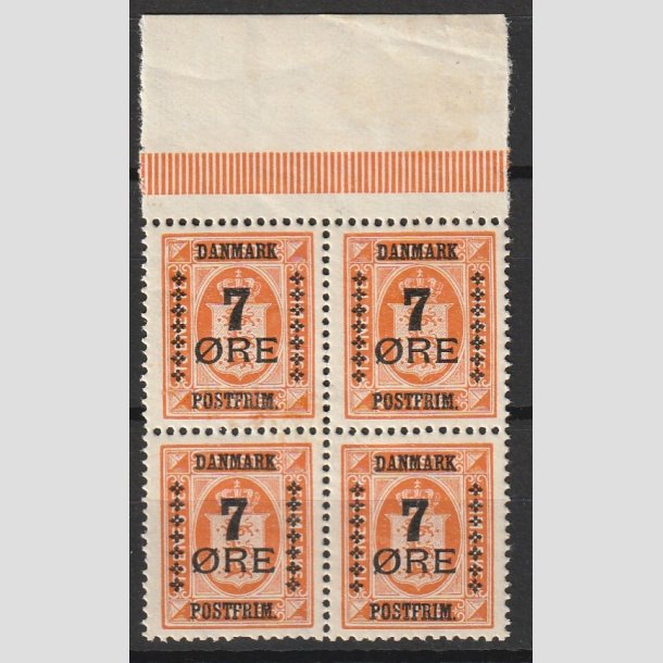 FRIMRKER DANMARK | 1926 - AFA 160 - 7/1 re orange Provisorier i Fire-Blok med marginal - Postfrisk