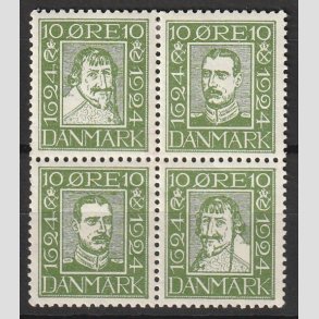 FRIMRKER DANMARK | 1924 - AFA 132-135 - Postjubilum 10 re grn i Fire-blok - Ubrugt