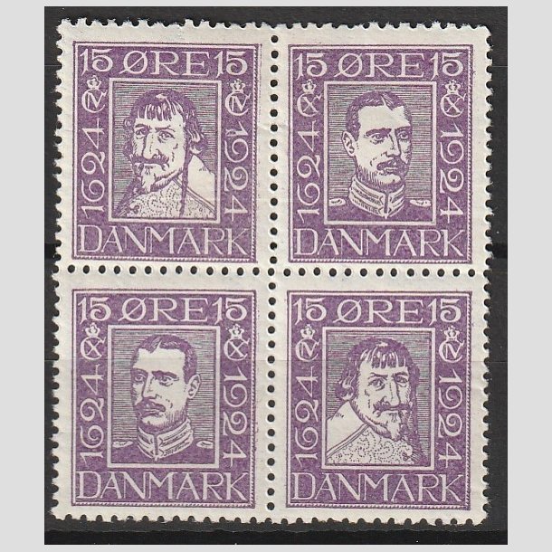 FRIMRKER DANMARK | 1924 - AFA 136-139 - Postjubilum 15 re violet i Fire-blok - Ubrugt