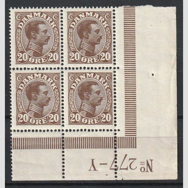 FRIMRKER DANMARK | 1921-22 - AFA 125 - Chr. X 20 re brun i Fire-blok med S marginal 277-Y - Postfrisk