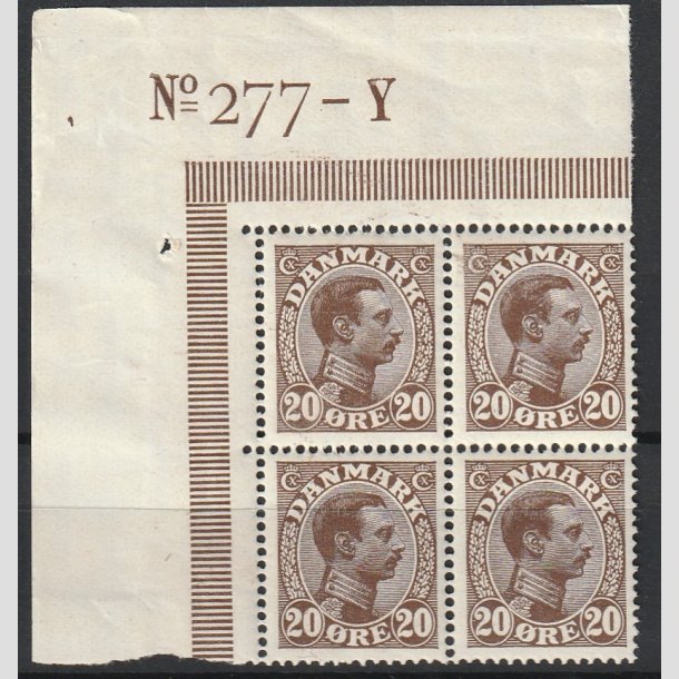 FRIMRKER DANMARK | 1921-22 - AFA 125 - Chr. X 20 re brun i Fire-blok med NV marginal 277-Y - Postfrisk