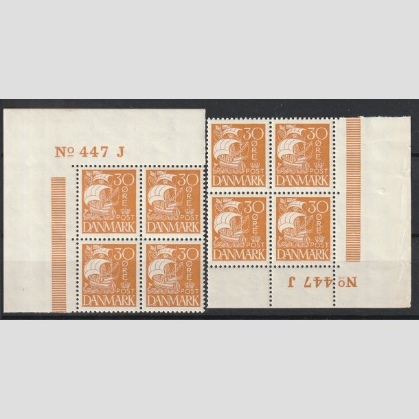 FRIMRKER DANMARK | 1927 - AFA 172 - Karavel 30 re gul i Marginal-blokke NV,SV 447-J - Postfrisk