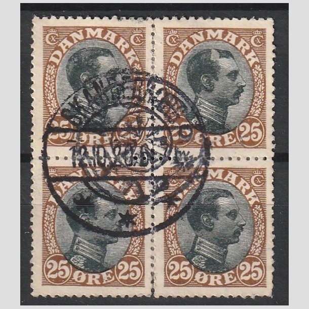 FRIMRKER DANMARK | 1918-20 - AFA 101 - Chr. X 25 re brun/sort i Fire-Blok - Stemplet