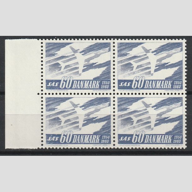 FRIMRKER DANMARK | 1961 - AFA 391F - SAS 10 rs jubilum - 60 re bl i 4-blok med marginalstykke - Postfrisk