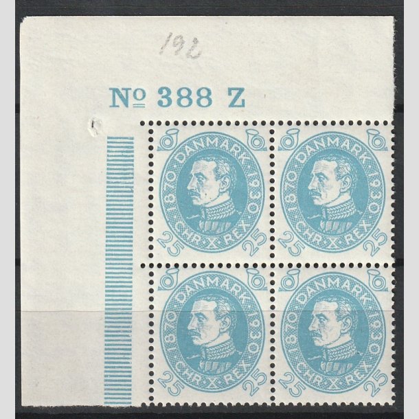 FRIMRKER DANMARK | 1930 - AFA 192 - Chr. X 60 r 25 re bl i Fire-blok med NV marginal 388-Z- Postfrisk