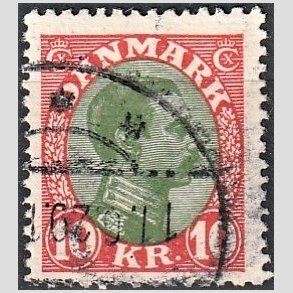 FRIMRKER DANMARK | 1927-28 - AFA 177 - Chr. X 10 Kr. rd/grn - Stemplet
