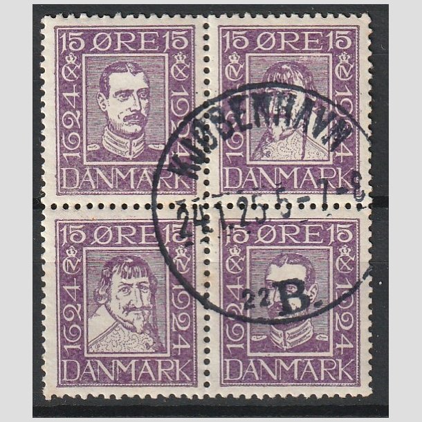 FRIMRKER DANMARK | 1924 - AFA 136-139 - Postjubilum 15 re violet i Fire-blok - Lux Stemplet "KJBENHAVN"