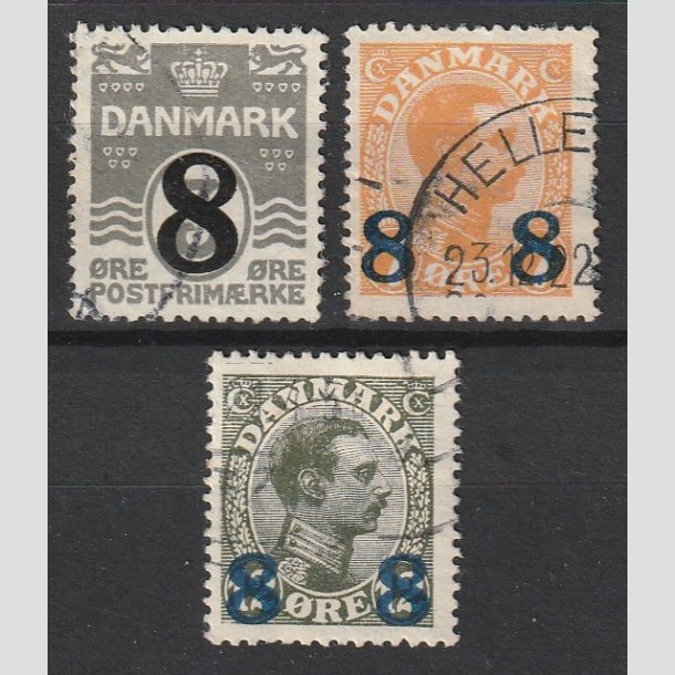 FRIMRKER DANMARK | 1921-22 - AFA 117,118,119 - 8/3 re, 8 8/7 re og 8 8/12 re provisorier i st - Stemplet