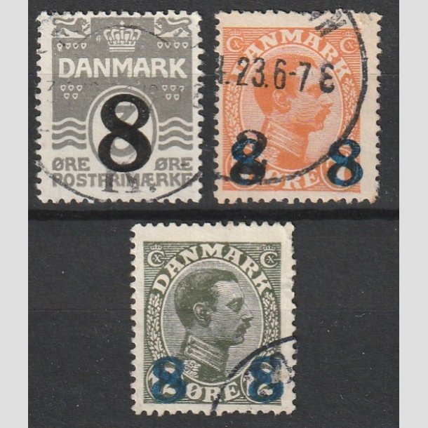 FRIMRKER DANMARK | 1921-22 - AFA 117,118,119 - 8/3 re, 8 8/7 re og 8 8/12 re provisorier i st - Stemplet