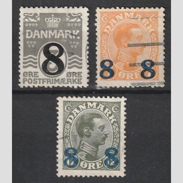 FRIMRKER DANMARK | 1921-22 - AFA 117,118,119 - 8/3 re, 8 8/7 re og 8 8/12 re provisorier i st - Stemplet