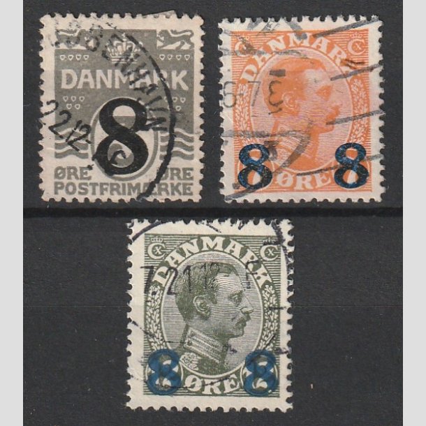 FRIMRKER DANMARK | 1921-22 - AFA 117,118,119 - 8/3 re, 8 8/7 re og 8 8/12 re provisorier i st - Stemplet