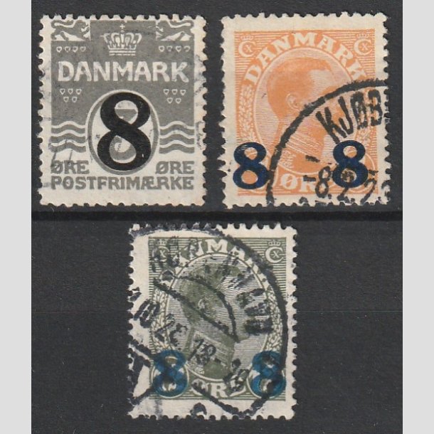 FRIMRKER DANMARK | 1921-22 - AFA 117,118,119 - 8/3 re, 8 8/7 re og 8 8/12 re provisorier i st - Stemplet