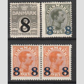 FRIMRKER DANMARK | 1921-22 - AFA 117,118,118,119 - 8/3 re, 8 8/7 re og 8 8/12 re provisorier i st - Ubrugt