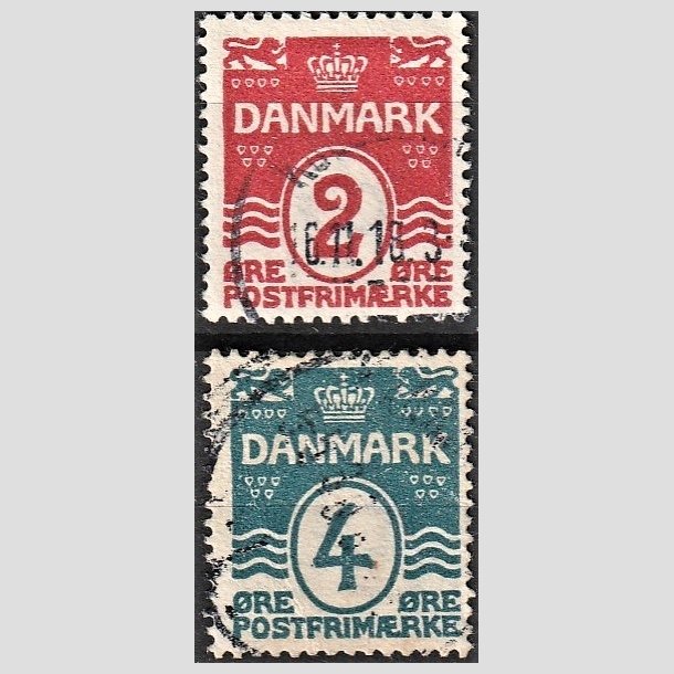 FRIMRKER DANMARK | 1917 - AFA 78A,80A - Blgelinie 2 re rd og 4 re bl Krone III - Stemplet