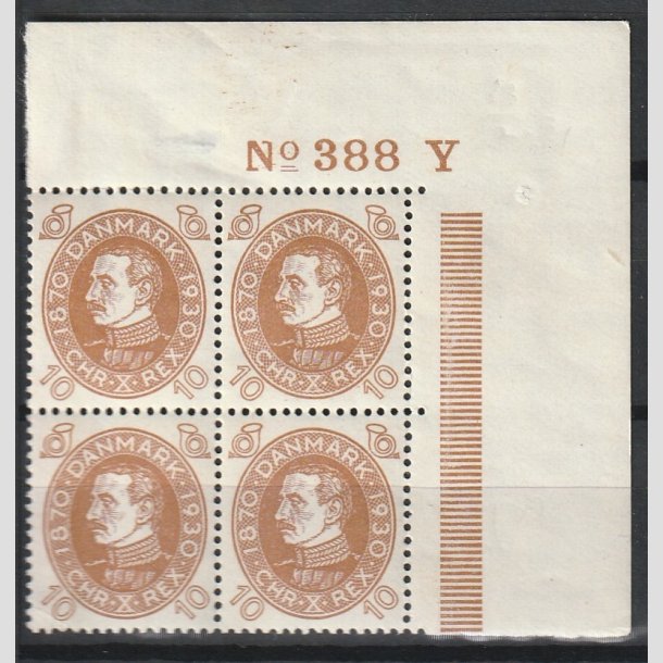 FRIMRKER DANMARK | 1930 - AFA 189 - Chr. X 60 r 10 re brun i Fire-blok med N marginalnummer 388-Y - Postfrisk