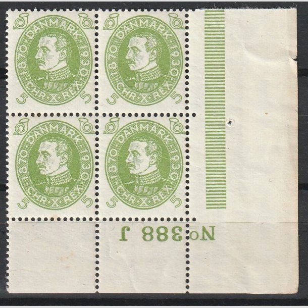 FRIMRKER DANMARK | 1930 - AFA 186 - Chr. X 60 r 5 re lysgrn i Fire-blok med S marginalnummer 388-J - Postfrisk