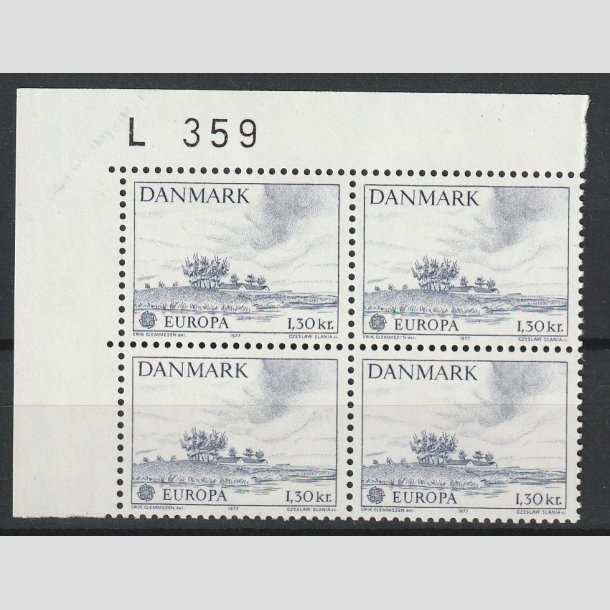 FRIMRKER DANMARK | 1977 - AFA 636 - Europamrke 1,30 Kr. bl i Fire-blok med NV marginal L-359  - Postfrisk