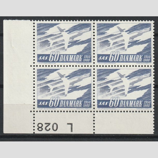FRIMRKER DANMARK | 1961 - AFA 391F - SAS 10 rs jubilum - 60 re bl i 4-blok med SV marginal L 280 - Postfrisk
