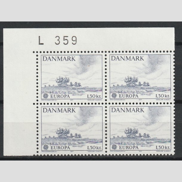 FRIMRKER DANMARK | 1977 - AFA 636 - Europamrke 1,30 Kr. bl i Fire-blok med NV marginal L-359  - Postfrisk