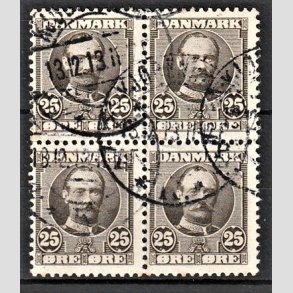 FRIMRKER DANMARK | 1907 - AFA 57 - Frederik VIII 25 re sepiabrun i Fire-blok - Stemplet