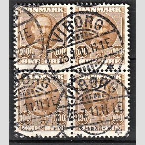 FRIMRKER DANMARK | 1907 - AFA 59 - Frederik VIII 100 re gulbrun i Fire-blok - Stemplet 