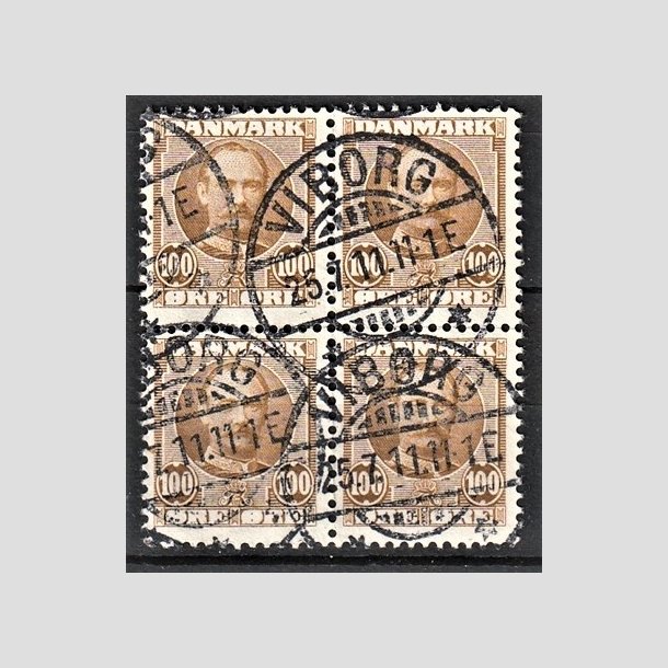 FRIMRKER DANMARK | 1907 - AFA 59 - Frederik VIII 100 re gulbrun i Fire-blok - Stemplet "VIBORG"