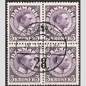 FRIMRKER DANMARK | 1918-20 - AFA 110 - S4B - Chr. X 5 Kroner violet i Fire-blok - Stemplet
