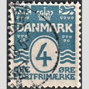 FRIM�RKER DANMARK | 1905-06 - AFA 45y - B�lgelinie 4 �re bl� Krone III, Variant! A og R sammenh�ngende - Stemplet