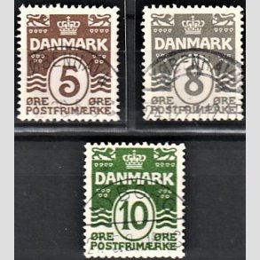 FRIM�RKER DANMARK | 1921-22 - AFA 122,123,124 - B�lgelinie 5,8 og 10 �re - Pragt Stemplet