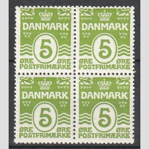 FRIMRKER DANMARK | 1930 - AFA 183 - 5 re lysgrn blgelinie i Fire-blok - Postfrisk