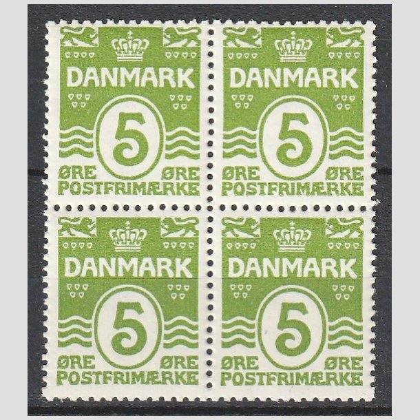 FRIMRKER DANMARK | 1930 - AFA 183 - 5 re lysgrn blgelinie i Fire-blok - Postfrisk