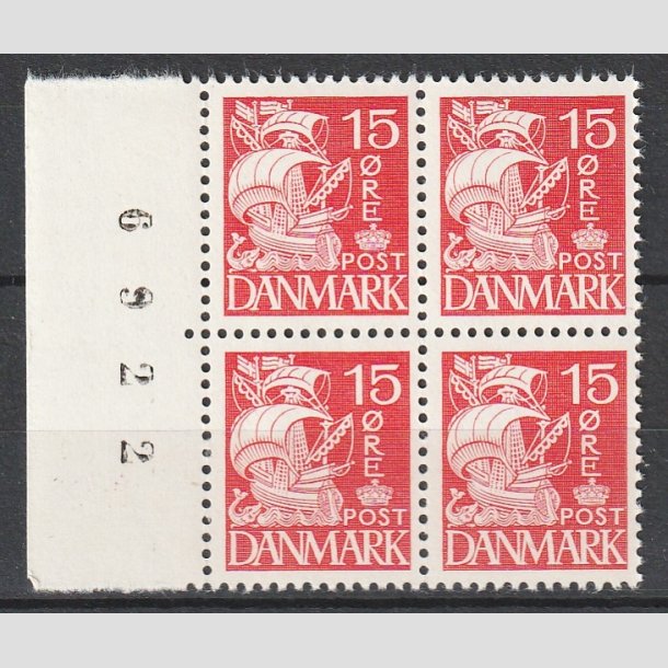 FRIMRKER DANMARK | 1937-40 - AFA 203a - Karavel 15 re rd Type II i Fireblok - Postfrisk