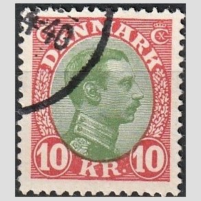 FRIMRKER DANMARK | 1927-28 - AFA 177 - Chr. X 10 Kr. rd/grn - Stemplet