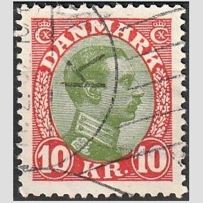FRIMRKER DANMARK | 1927-28 - AFA 177 - Chr. X 10 Kr. rd/grn - Stemplet