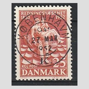 FRIM�RKER DANMARK | 1952 - AFA 334 - Redningsv�snet 100 �r - 25 �re brunr�d - Pragt Stemplet