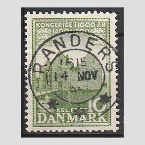 FRIM�RKER DANMARK | 1953-56 - AFA 351 - Det Danske Kongerige 1000 �r - 10 �re gr�n - Pragt Stemplet Randers
