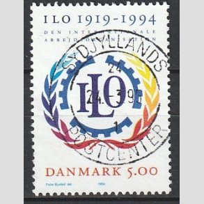 FRIM�RKER DANMARK | 1994 - AFA 1075 - ILO 75 �r - 5,00 Kr. flerfarvet - Pragt Stemplet