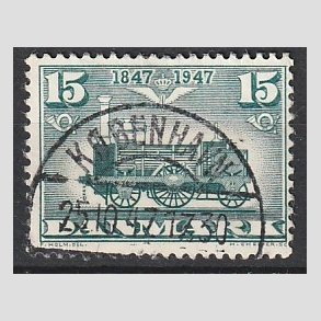 FRIM�RKER DANMARK | 1947 - AFA 302 - Danske jernbane 100 �r - 15 �re bl�gr�n - Pragt Stemplet